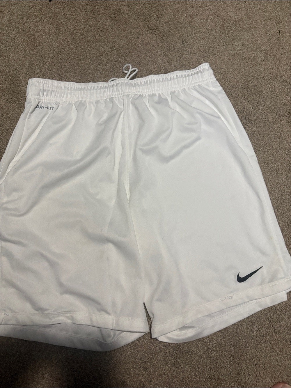Nike Men’s White soccer Dri-FIT Shorts with Black Swoosh. Size XL